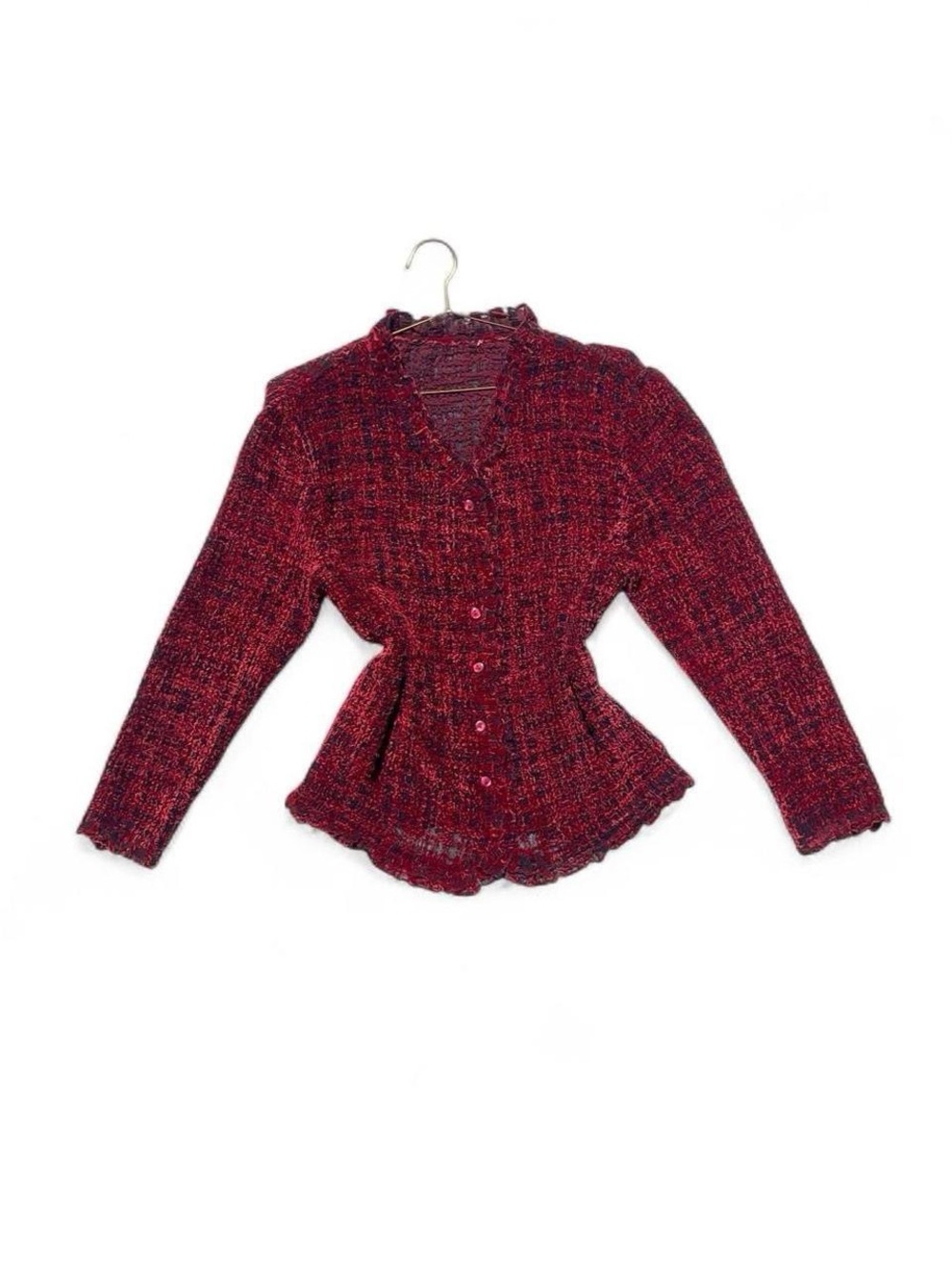 Vintage 90s Red Black Textured Ruffle Button Blouse Romantic Goth - Size M